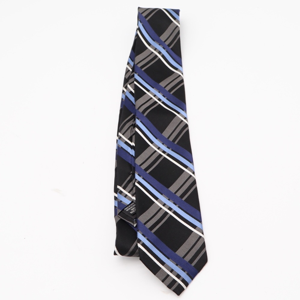 George Necktie Mens OS Plaid Black Blue Grey White Silk Classic Excellent
